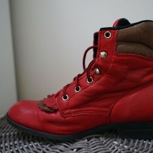 Red Leather Lace Up Ankle Boots